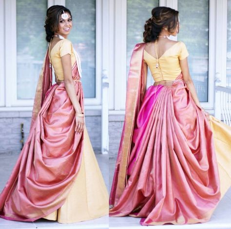 Ghagra Style Saree Draping, Wedding Saree Draping Styles, Ghagra Saree Drape, 2 Saree Draping Styles, Silk Saree Draping Styles Wedding, Lehanga Saree Drape, Silk Saree Draping Styles, Orang India, Sari Lehenga