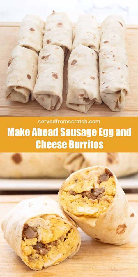 Our latest grab-n-go breakfast is hearty, delicious, and perfect to make ahead for meal prep. These Sausage Egg and Cheese Breakfast Burritos will make those busy weekday mornings a breeze and fuel you all day! Sausage Egg And Cheese Breakfast Tacos, Make Ahead Egg Burritos, Breakfast Sausage Burrito Recipes, Easy Breakfast Sandwiches To Freeze, Make Ahead Grab And Go Meals, Breakfast Burrito Make Ahead, Make Ahead Sausage Biscuits, Pre Made Breakfast Burritos, Sausage Egg And Cheese Wrap