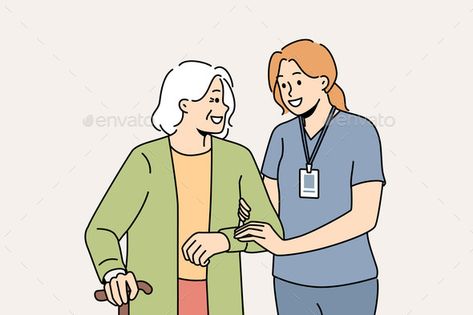 Caregiver Help Elderly Woman with Walking Cassandra Dragon Age, Nurse Drawing, Homecare Nursing, Happy Nurse, Smiling Female, Elderly Caregiver, Care Giver, Disney Art Style, Funny Cartoon Characters