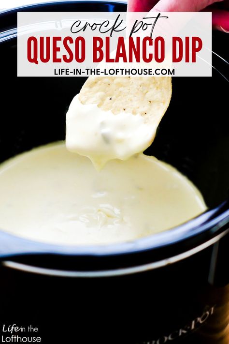 Queso Blanco dip is a warm and gooey white cheese dip with green chilies that is cooked in the crock pot. This delicious cheese dip is the ultimate party snack. Restaurant Style White Queso Dip Crockpot, Cheese Dip Recipes Velveeta Queso Blanco, Chilis White Queso Dip, Queso For A Crowd, Crockpot White Cheese Dip, Crock Pot Queso Blanco, Crock Pot White Queso Dip, White Cheese Queso Dip Crockpot, Velveeta Queso Blanco Recipes