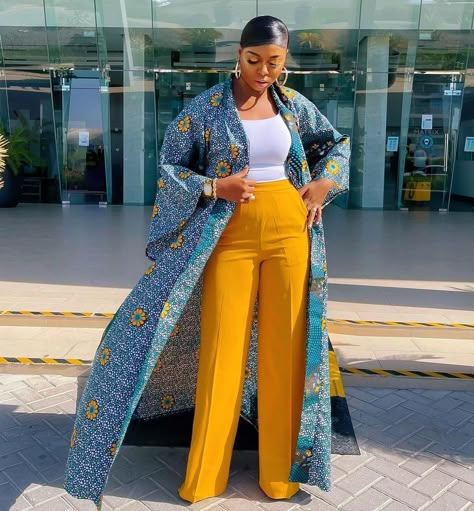 Mustard Pants, African Chic, Mode Kimono, Glam Outfit, Ankara Fashion, Stylish Work Attire, African Fashion Modern, African Inspired Fashion, African Print Fashion Dresses