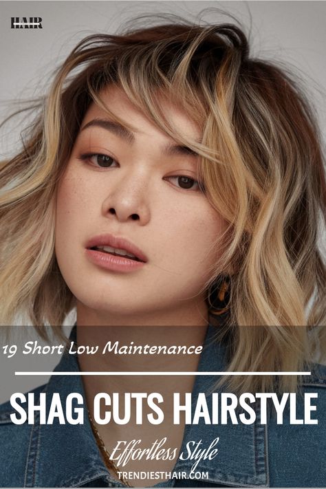 Subtle ombre short shag for a soft, gradient look Low Maintenance Shag, Blonde Shag, Shaggy Cut, Textured Bobs, Hair Contouring, Shag Cut, Blending Colors, Wavy Pixie, Soft Gradient