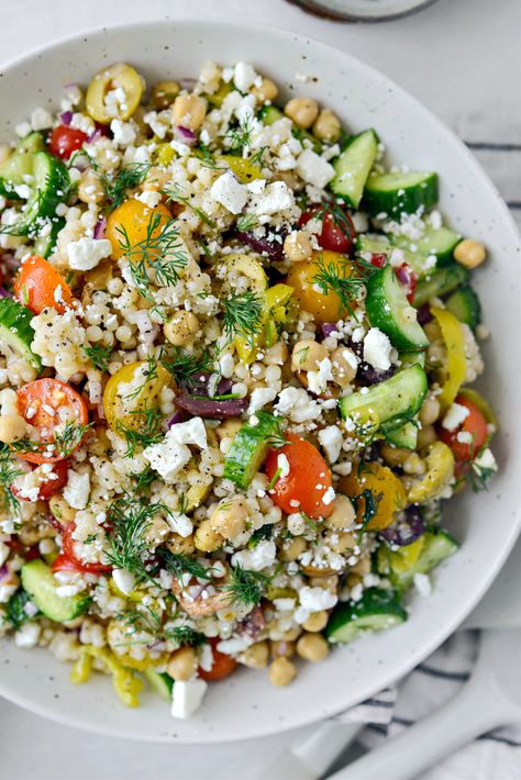 Greek Couscous Salad - Simply Scratch Greek Couscous, Pearled Couscous, Greek Couscous Salad, Lebanese Garlic Sauce, Pearl Couscous Salad, Yum Salad, Couscous Salad Recipes, Mediterranean Couscous, Greek Salad Recipes