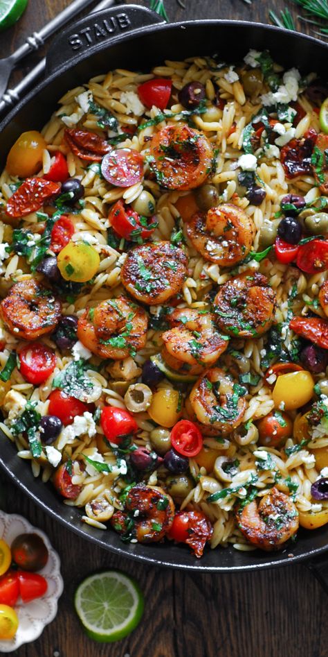 Greek Shrimp with Orzo, Feta, Olives, and Tomatoes - in a cast iron skillet. Greek Shrimp Orzo, Julias Album, Shrimp With Orzo, Orzo With Feta, Orzo Feta, Greek Shrimp, Shrimp Orzo, Mediterranean Recipes Healthy, Mediterranean Diet Recipes Dinners