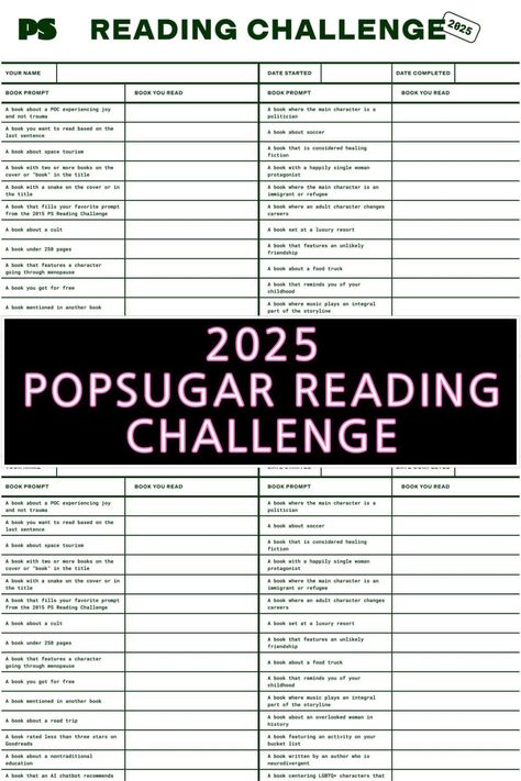 POPSUGAR Reading Challenge 2025: Book Recommendations Book Tracking Bullet Journal, Popsugar Reading Challenge, 100 Book Challenge, List Challenges, Book Prompts, Journal Making, Reading Goals, Book Challenge, 100 Book