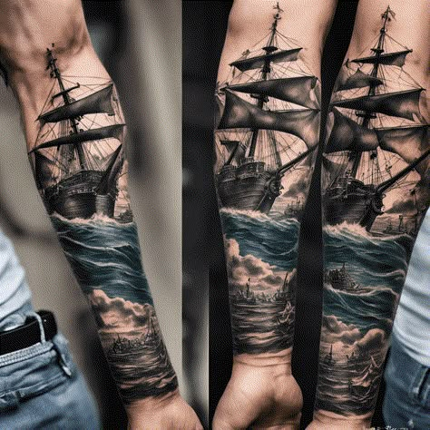 Nautical Sleeve Tattoo Mens, Tattoos For Guys Arm, Ocean Tattoo Ideas, Sea Tattoos, Theme Tattoos, Cool Aesthetic Tattoos, Ocean Theme Tattoos, Ocean Sleeve Tattoos, Arm Wrap Tattoo