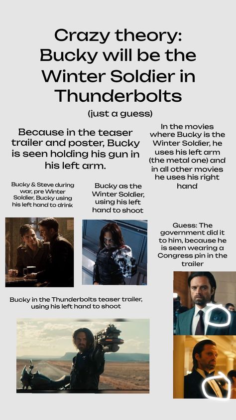 But just a theory #buckybarnes #wintersoldier #thunderbolts #mcu #marvel Winterbaron Fan Art, Bucky Thunderbolts, Bucky Barnes Thunderbolts, Thunderbolts Mcu, Marvel Theories, Bucky Barnes Fanfiction, Thunderbolts Marvel, Ant Man And The Wasp Quantumania, James Buchanan "bucky" Barnes