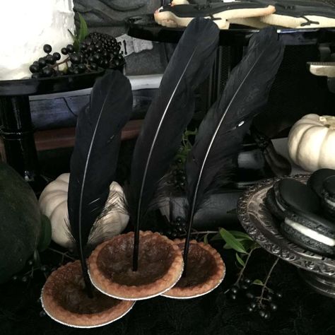 The Raven Party | CatchMyParty.com Raven Themed Party, Edgar Allen Poe Aesthetic Decor, Edgar Allen Poe Dinner Party, Edgar Allen Poe Party Food, Edgar Allen Poe Decor, Edgar Allen Poe Party, Edgar Allan Poe Decor, Edgar Allen Poe Raven, Crow Party