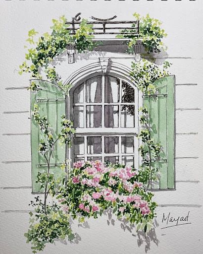 Earring Business, Window Sketch, Window Illustration, Ear Tattoo Ideas, Box Flowers, Window Drawing, Ink And Watercolour, Lighthouse Painting, Watercolor Architecture