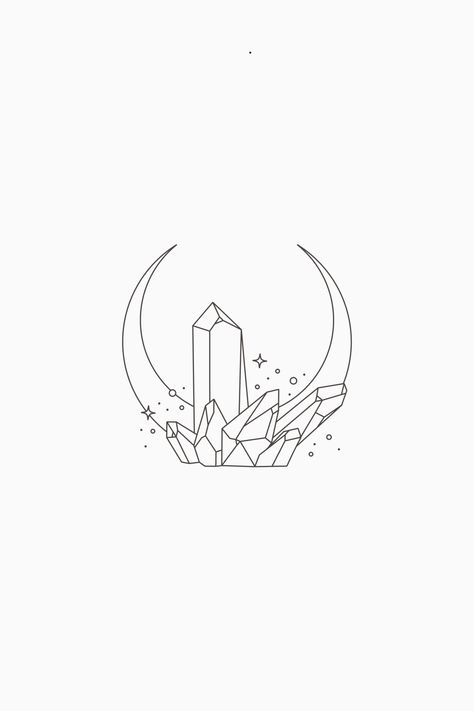 Crystal Illustration Graphic Design, Crystal Graphic Design, Moon And Crystal Tattoo, Crystal Logo Design Ideas, Crystal Cluster Tattoo, Mineral Tattoo, Crystal Cluster Drawing, Crystal Line Art, Mystic Logo Design