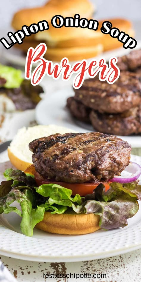 Onion Soup Hamburger Recipe, Onion Soup Burgers, Lipton Onion Soup Recipes, Lipton Onion Soup Meatloaf, Meatloaf Easy, Onion Burger Recipe, Retro Burger, Ground Beef Ideas, Burger Patty Recipe