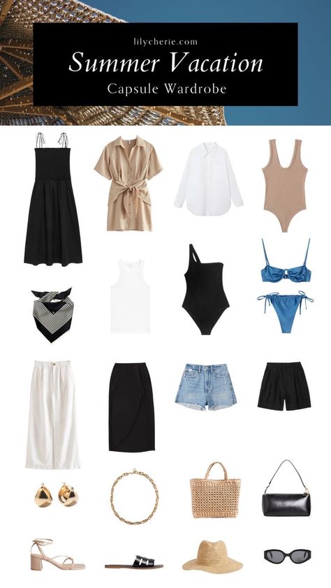 Basic Travel Outfits Summer, Closet Capsule Wardrobe Summer, Vacay Capsule Wardrobe, What To Pack For Summer Vacation Clothes, Capsule Wardrobe Rome Summer, Travelling Capsule Wardrobe, Hawaii Outfit Capsule, Europe Summer Vacation Capsule, Clothes For Summer Vacation