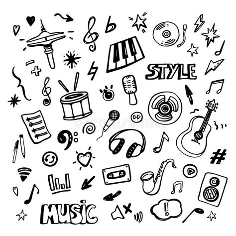 Illustration about Music doodles. Hand drawn musical icons. Set of vector music symbols. Illustration of cartoon, icon, background - 175652785 Music Doodles, Graffiti Workshop, Music Notes Drawing, Music Sketch, Music Doodle, Symbol Drawing, Small Doodle, Hand Doodles, Art Sketches Doodles