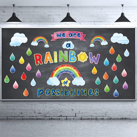 PRICES MAY VARY. Product Includes: the rainbow bulletin board contains 73 pieces cutouts; You will get 3 rainbows, 2 clouds, words, 45 raindrops of assorted colors and styles, and 100 glue point dots, which are convenient for you to place them Suitable Size: giant rainbow cutouts is about 12 inches, small size rainbow is 4 inches, the sun and clouds are 6 inches long, the raindrop size is 4 inches; These patterns of different sizes can be randomly combined to form your decorations; Students' nam You Are A Rainbow Of Possibilities Board, Rainbow School Decorations, Rainbow Boards Classroom Decor, Spring Hallway Decorations, Spring Reading Bulletin Boards, Cloud Bulletin Board, Rainbow Of Possibilities Bulletin Board, First Day Of School Bulletin Board, Clouds Words