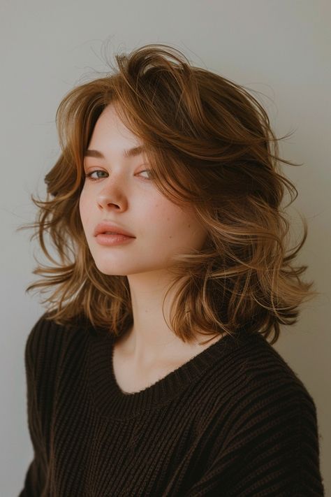 Textured Haircut Women, Good Haircut For Round Face, Face Length Hair, Different Hairstyles For Women, Trendy Hair Medium Length, Cute Short Wavy Haircuts, Side Part Bangs Shoulder Length, Short Layered Hair With Bangs Choppy, Medium Haircuts Round Face