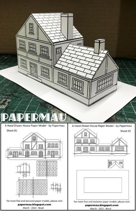 PAPERMAU: Hand Drawn House Papercraft - by Papermau - Download Now! Puts House Patterns, Diy Paper House Templates, Paper Houses Diy, Paper House Template Printables Free, Printable House Template, Cardboard House Template, 3d Paper House Template, Paper House Craft, Papercraft House