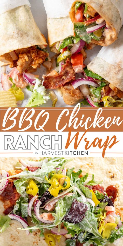 This BBQ Chicken Wrap recipe is made with grilled chicken, BBQ sauce, turkey bacon, pepper Jack cheese, tomato, onion, pepperoncini and spring mix tossed in homemade ranch dressing all wrapped in flour tortillas. These chicken wraps are super quick and easy to make any night of the week. Buffalo Bacon Chicken Wraps, Buffalo Chicken Caesar Wrap, Bbq Ranch Chicken Wrap, Chicken Blt Wraps, Healthy Chicken Wraps For Dinner, Blt Wraps Recipes, Barbecue Chicken Wrap, Easy Healthy Lunch Wraps, Chicken Bacon Wraps Tortilla