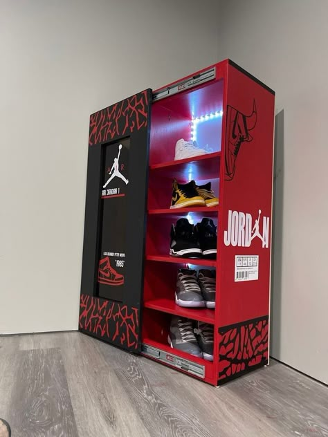 Sneaker Locker, Jordan Shoe Box Storage, Jordan Shoe Box, Sneakerhead Room, Shoe Box Storage, Basketball Room, Jordan Shoe, Shoe Room, Pinterest Room Decor