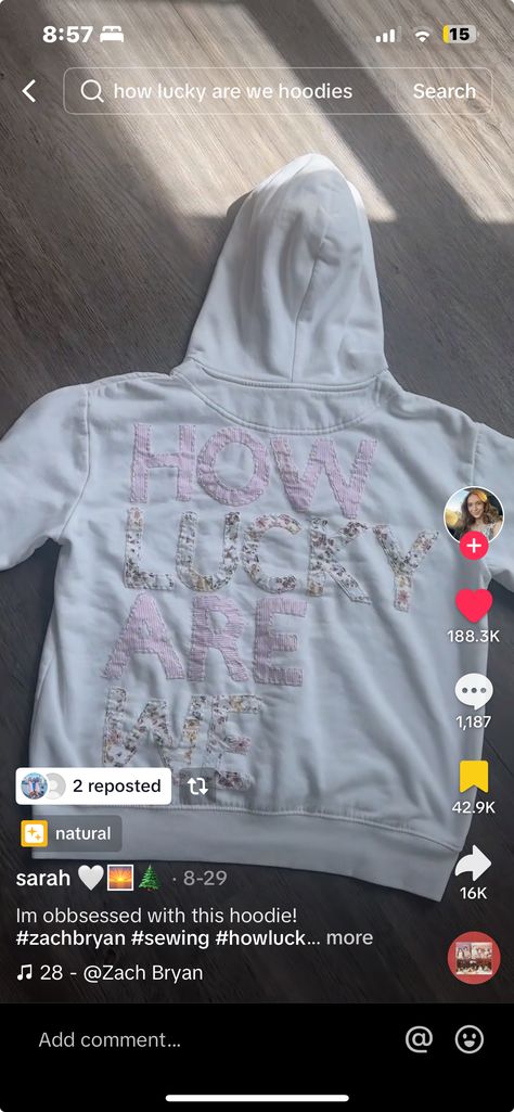 How Lucky Are We Hoodie Diy, Hobby Lobby Hoodie Diy, Homemade Tshirts Designs, Diy Embroidery On Hoodie, How Lucky Are We Sweatshirt Diy, Diy Hobby Lobby Sweatshirts, Making Hoodies With Friends, How To Make A Patchwork Hoodie, Diy Boyfriend Hoodie