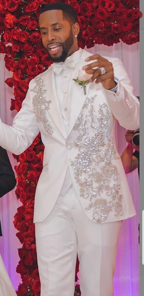 White And Silver Tuxedo Prom, Prom Suit With Rhinestones, White Tux For Prom, White And Silver Prom Suit Black Men, Cream And Red Prom Suit, Hot Pink Prom Suits For Men, White And Red Suit Men Wedding, Silver Prom Suits For Black Men, White Prom Outfits For Couples