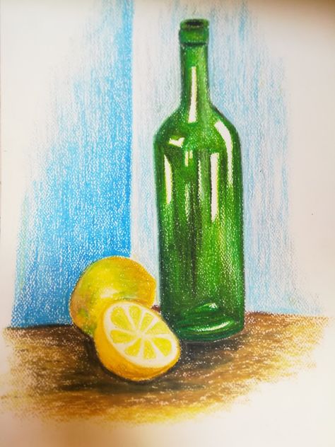 A bottle with lemon in the first basil colors is a wonderful design Still Life With Pencil Colours, Still Life Oil Pastel Easy, Still Life Drawing With Pencil Colour, Still Life With Oil Pastels, Still Life Drawing Oil Pastels, Still Life Drawing Watercolors, Still Life Colour Pencil, Color Pencil Still Life, Pencil Color Drawing Easy