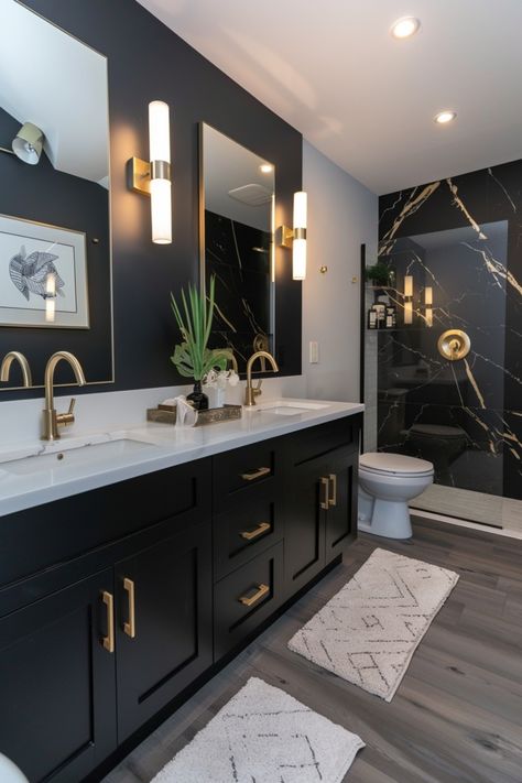 Create a clean, streamlined look with modern bathrooms featuring sleek lines and monochrome decor. Click here for more inspiration. Bathroom Remodel With Waynes Coating, White And Black Bathroom With Gold Accents, Black Double Vanity Bathroom Ideas, Wood And Black Bathroom Ideas, Custom Home Bathroom Ideas, Clean Bright Bathroom, Black And White Restroom Ideas, Bathroom Color Schemes Black, Black Vanity White Counter