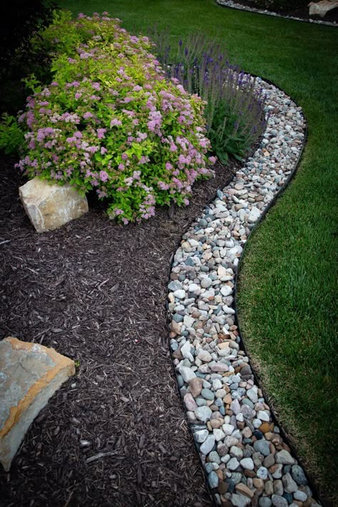 Our Work Page River Rock And Mulch Landscaping Bed Designs, Mulch And Gravel Landscaping, River Rock Edging Landscape, Rock Boarder Landscaping Garden Edging, Rock Landscape Edging, Rock Landscape Border, Mulch And Rock Landscaping Ideas, Rock Borders Edging, River Rock And Mulch Landscaping