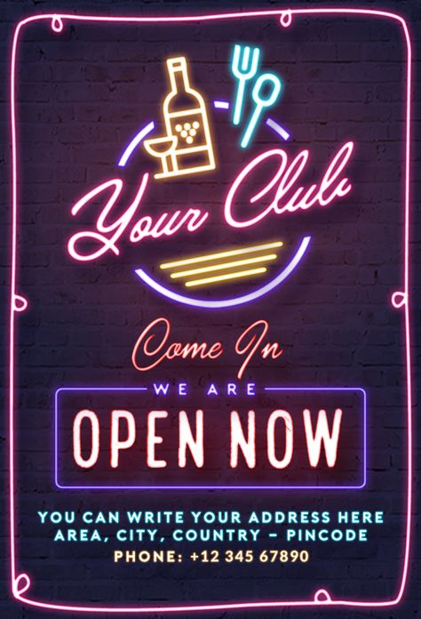 Club open now neon poster design Template Open Now Poster, Neon Poster Design, Geisha Design, Poster Promotion, Neon Poster, Posters Uk, Future Poster, Poster Club, Nightclub Design