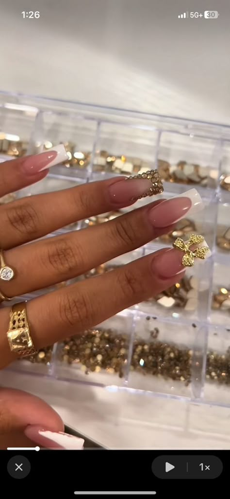 Simple Nail Sets Acrylic, Short French With Rhinestone, Nail Designs With Gold Charms, Gold And French Tip Nails, French And Gold Nail Designs, Nail Inspo Gold And White, Medium French Tip Nails With Design, Gold Nail Set Short, Gold Birthday Nails Short