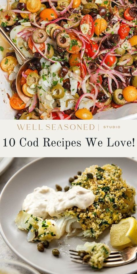 These are my Top 10 Cod Recipes to inspire your next seafood dinner at home! If you're not familiar with cod fish, it's a tender and flaky, mild white fish that can be prepared in a variety of ways, from pan-searing and grilling to baking or frying. These are my favorite easy cod recipes that have minimal prep work, but deliver big flavor. Enjoy as part of a balanced meal with your favorite side dishes or a big salad. #wellseasonedstudio #cod #fish #codrecipes Cod With Pesto Recipes, Cod Fish Appetizers, Cod Lunch Recipes, Link Cod Recipes, Summer Cod Recipes, Pacific Cod Recipes Baked, Cod Dishes Dinners, Cod And Couscous Recipes, Stuffed Cod Recipes