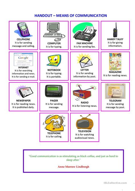 HANDOUT MEANS OF COMMUNICATION - English ESL Worksheets for distance learning and physical classrooms Means Of Communication For Kids Project, Means Of Communication Worksheets, Communication Worksheets, Saraswati Painting, Communication Activities, Assertive Communication, Communication Process, Esl Vocabulary, Esl Classroom