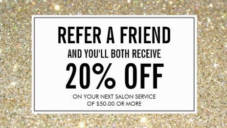 Modern Gold Glitter Salon Referral and Discount Business Cards http://www.zazzle.com/gold_glitter_salon_referral_card_double_sided_standard_business_cards_pack_of_100-240204880742811461?rf=238835258815790439&tc=GBCReferal1Pin Salon Promotions, Friend Referral, Hair Salon Marketing, Salon Quotes, Nail Salon Decor, Refer A Friend, Referral Cards, Salon Suites, Hair Quotes