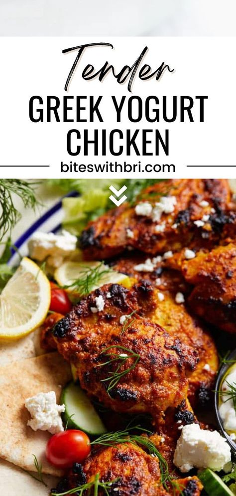 This Tender Greek Yogurt Chicken is easy and so delicious! This recipe is great for meal prep because it can be used in a variety of dishes. Garlic Greek yogurt chicken thighs are super moist. The chicken is broiled at the end to add color and more of a grilled/charred flavor, but it is made completely in the oven. The marinade can be made in advance to make dinner time even easier. This recipe is an easy & healthy dinner idea. It is gluten-free and low carb/keto. Greek Yogurt Chicken Thighs, Yogurt Chicken Thighs, Chicken Marinade Yogurt, Greek Yogurt Chicken Marinade, Greek Yogurt Chicken Recipes, Greek Yogurt Marinated Chicken, Greek Chicken Marinade, Yogurt Marinated Chicken, Greek Yogurt Chicken