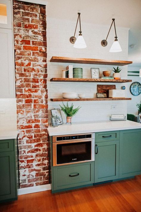 Exposed Red Brick, Red Brick Interior, Red Brick Kitchen, Kitchen Brick Wall, Vintage Green Kitchen, Kitchen Brick, Brick Wall Kitchen, Brick Wall Ideas, Brick Backsplash Kitchen