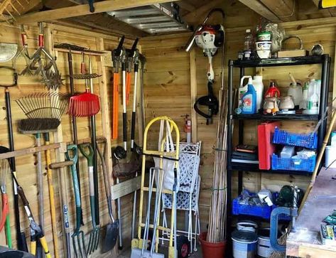 diy-shed-storage-ideas-stevegiudici Metal Shed Tool Storage, Garden Shed Organization Ideas Interiors, Metal Shed Organization, Small Shed Organization Ideas, Shed Shelving Ideas, Garden Shed Storage Ideas, Tackroom Ideas, Barn Shop Ideas, Shed Organisation