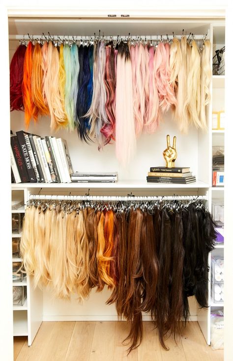 Inside Hair Stylist Chris Appleton’s Beauty Closet - Coveteur Wig Organization, Wigs Storage Ideas, Hair Extension Storage, Creativity Room, Costume Room, Salon Makeover, Wig Storage, Hair Station, Dark Era