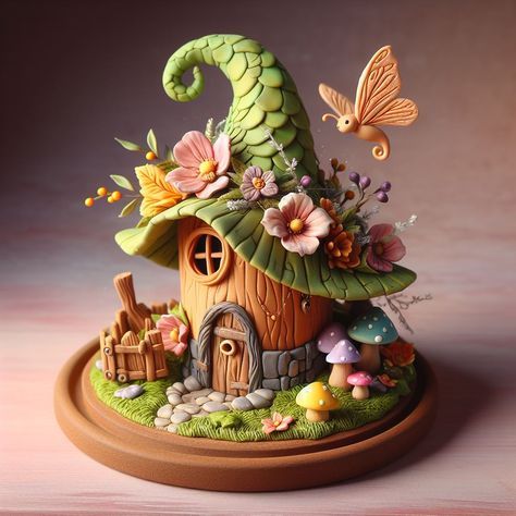 Polymer Clay Fairy House Jar, Fairy House Polymer Clay, Polymer Clay Fairy House Diy, Clay Art Miniature, Fairy Clay Houses, Clay Fairy House Diy, Fairytale Cakes, Fairy Cottage House, Polymer Clay Fairy House