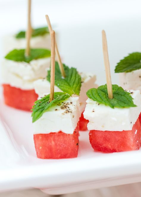 Healthy Appetizers for the Summer | Watermelon Feta Skewers Appetizers With Protein, Fruit Screwers, Chilled Appetizers, Summer Party Snacks, Skewers Appetizers, Feta Appetizer, Salad Bites, Summer Appetizers Easy, Summer Appetizers