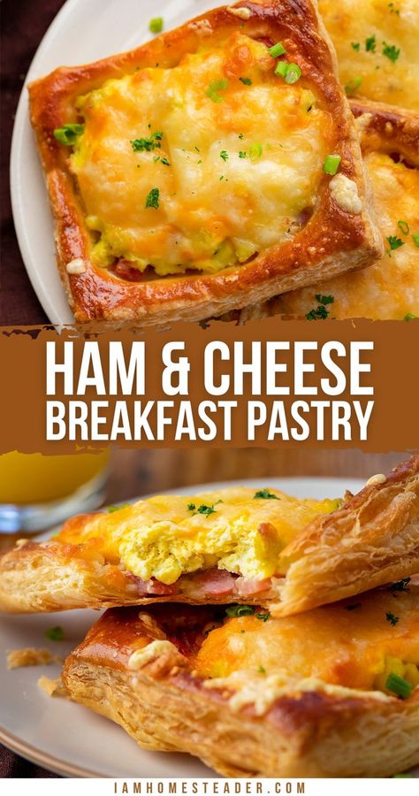 A plate with ham and cheese puff pastries, one with a bite out of it. Ham Cheese Breakfast, Breakfast Puff Pastry, Ham And Cheese Breakfast, Winter Breakfast, Breakfast Pastry, Cheese Breakfast, Hot Breakfast, Kinds Of Cheese, Ham Cheese