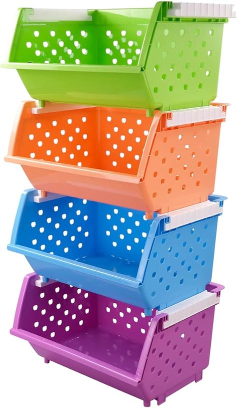 Amazon.com: Pekky 4-Pack Large Stackable Storage Bins, Colored Plastic Stacking Basket Potato Storage Bin, Storage Aesthetic, Stacking Shelf, Aesthetic Storage, Stacking Basket, Stacking Bins, Potato Storage, Stacking Shelves, Outdoor Organization