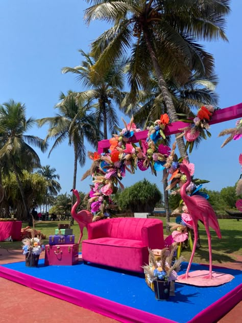 Flamingo Theme Mehendi Decor, Carnival Theme Party Wedding Ceremony Decor, Flamingo Mehendi Decor, Tropical Mehndi Decor, Flamingo Theme Wedding Decor, Flamingo Theme Decor, Mehendi Theme Ideas, Wedding Carnival Theme Decor, Flamingo Wedding Theme