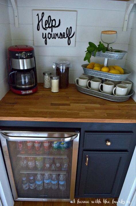 Small Coffee Bar Ideas, Small Coffee Bar, Kitchen Ikea, Coffee Bar Design, Coffee Stations, Stock Cabinets, Home Coffee Stations, Christmas Coffee Bar, Gift Bag Ideas