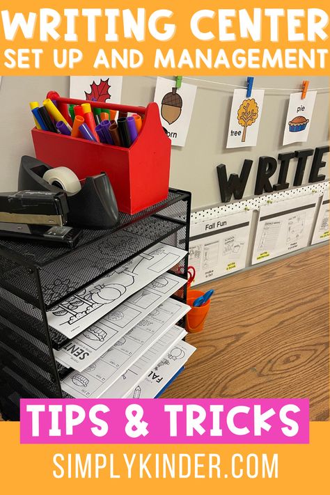 1st Grade Writing Center Set Up, Writing Center First Grade Set Up, Kindergarten Writing Center Setup Ideas, Writing Center For Kindergarten, Writing Centres For Kindergarten, Pre Writing Center, Writing Center Ideas Kindergarten, Writing Center Preschool Setup, Preschool Writing Area