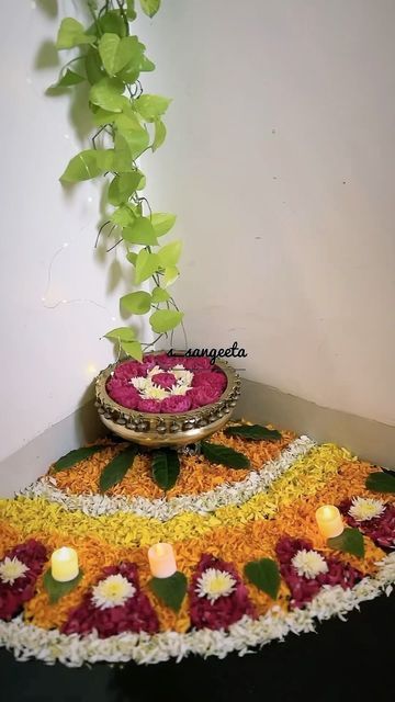 Flower Rangoli For Diwali Festivals, Corner Rangoli Designs With Flowers, Corner Flower Rangoli, Diwali Corner Decoration, Simple Rangoli Designs Latest, Flowers Rangoli Designs Ideas, Stair Corner, Diwali Decoration Lights, Decoration Things