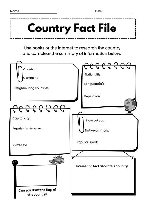 Country Fact File Worksheet in Colorful Simple Style - Templates by Canva Country Fact Sheet, Countries And Nationalities Worksheet, Fact File Template, Country Worksheet, Uk Facts, Easter Handprint, Improve English Speaking, Geography Project, History Worksheets