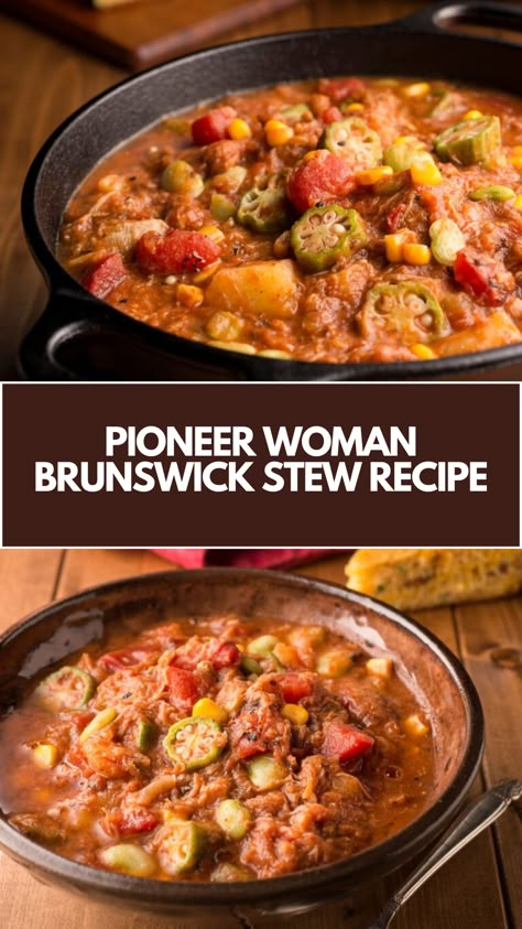 Pioneer Woman’s Brunswick Stew is made with ground pork, beef, shredded chicken, tomatoes, ketchup, barbecue sauce, and cream-style corn, infused with onions, celery, and spices, creating a rich Southern dish that’s ready in 3 hours and 40 minutes! Southern Living Brunswick Stew, Vegetarian Brunswick Stew, Paula Deen Brunswick Stew, Pioneer Woman Beef Stew, Pioneer Woman Soup Recipes, Southern Brunswick Stew Recipe, Brunswick Stew Recipe Georgia, Hog Maw Recipe, Southern Brunswick Stew