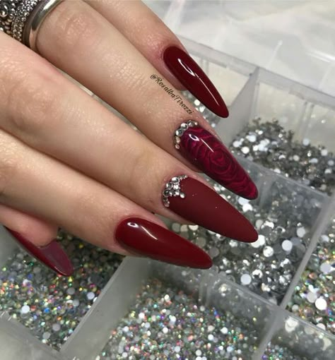 Nails Dark Red, Maroon Nail Designs, Burgundy Acrylic, Bedazzled Nails, Maroon Nail, Burgundy Acrylic Nails, Deep Red Nails, Holiday Nails Winter, Dark Red Nails