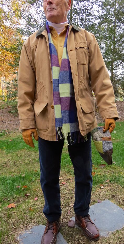 Hanna Donegal Ivy Cap, LLB field coat, LLB Chamois shirt, LE turtleneck, Johnston's of Elgin Cashmere scarf, LE narrow wale cords, Wigwam El Pine rage socks, LLB Allagash Bison leather, Shearling-lined boots. Ivy League Look, Prep Fashion, Chamois Shirt, Tweed Run, The Ivy League, Polo Coat, Men Over 50, Bison Leather, Ivy Cap