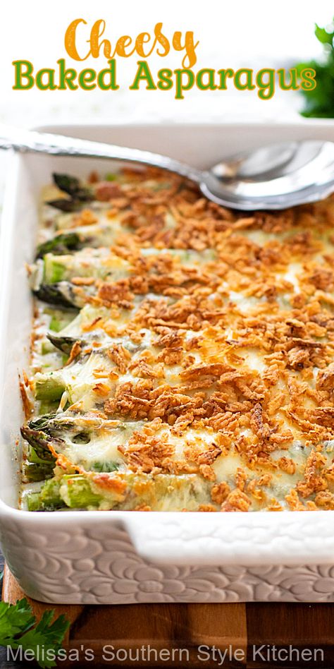 This oven roasted Cheesy Baked Asparagus is a decadent side dish that will elevate your side dish options #cheesybakedasparagus #asapragusrecipes #roastedasparagus #freshasparagusrecipes #southernrecipes Asparagus Side Dish Recipes, Cheesy Baked Asparagus, Asparagus Casserole Recipes, Asparagus Side, Asparagus Side Dish, Southern Style Kitchen, Asparagus Casserole, Asparagus Dishes, Asparagus Recipes Baked