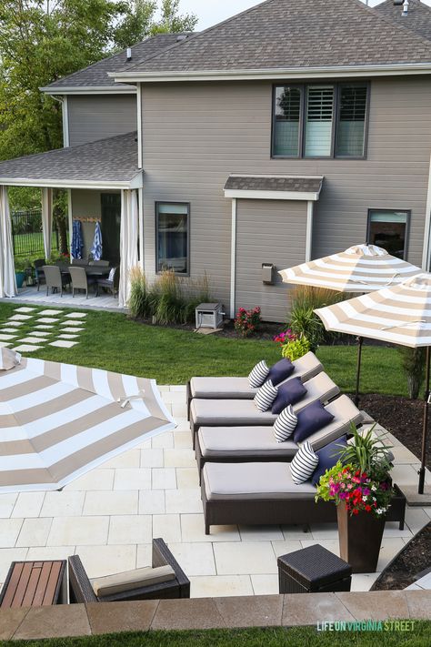 Diy Outdoor Pillows, Striped Pillows, Pool Patio Furniture, Life On Virginia Street, Travertine Pavers, Navy Blue Pillows, Pool Lounge Chairs, Vinyl Pool, Outdoor Deck Furniture